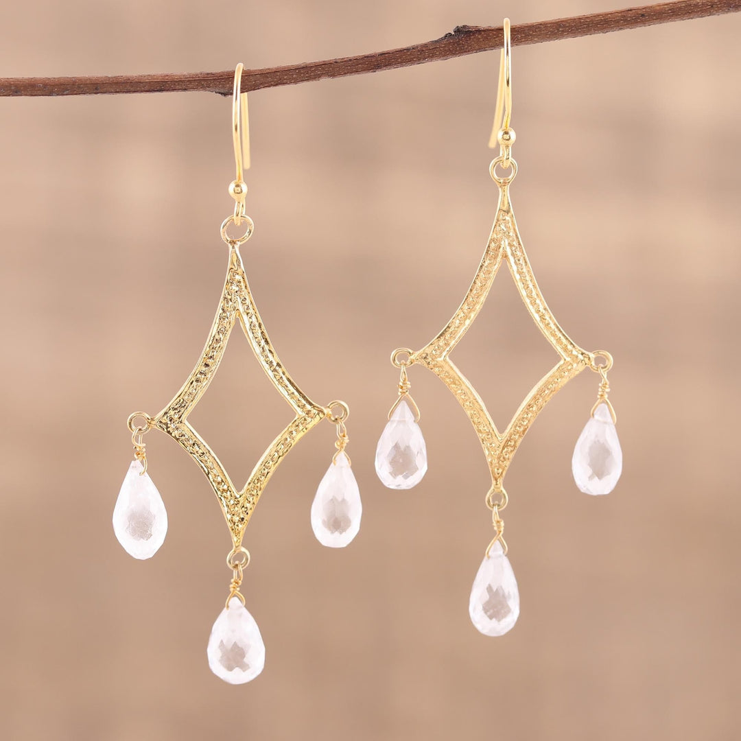 Crystal Quartz 22k Gold Plated Sterling Silver Earrings - Cascading Drops