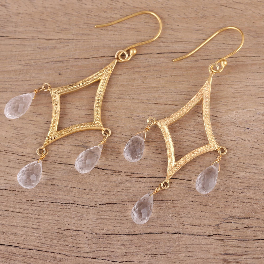 Crystal Quartz 22k Gold Plated Sterling Silver Earrings - Cascading Drops