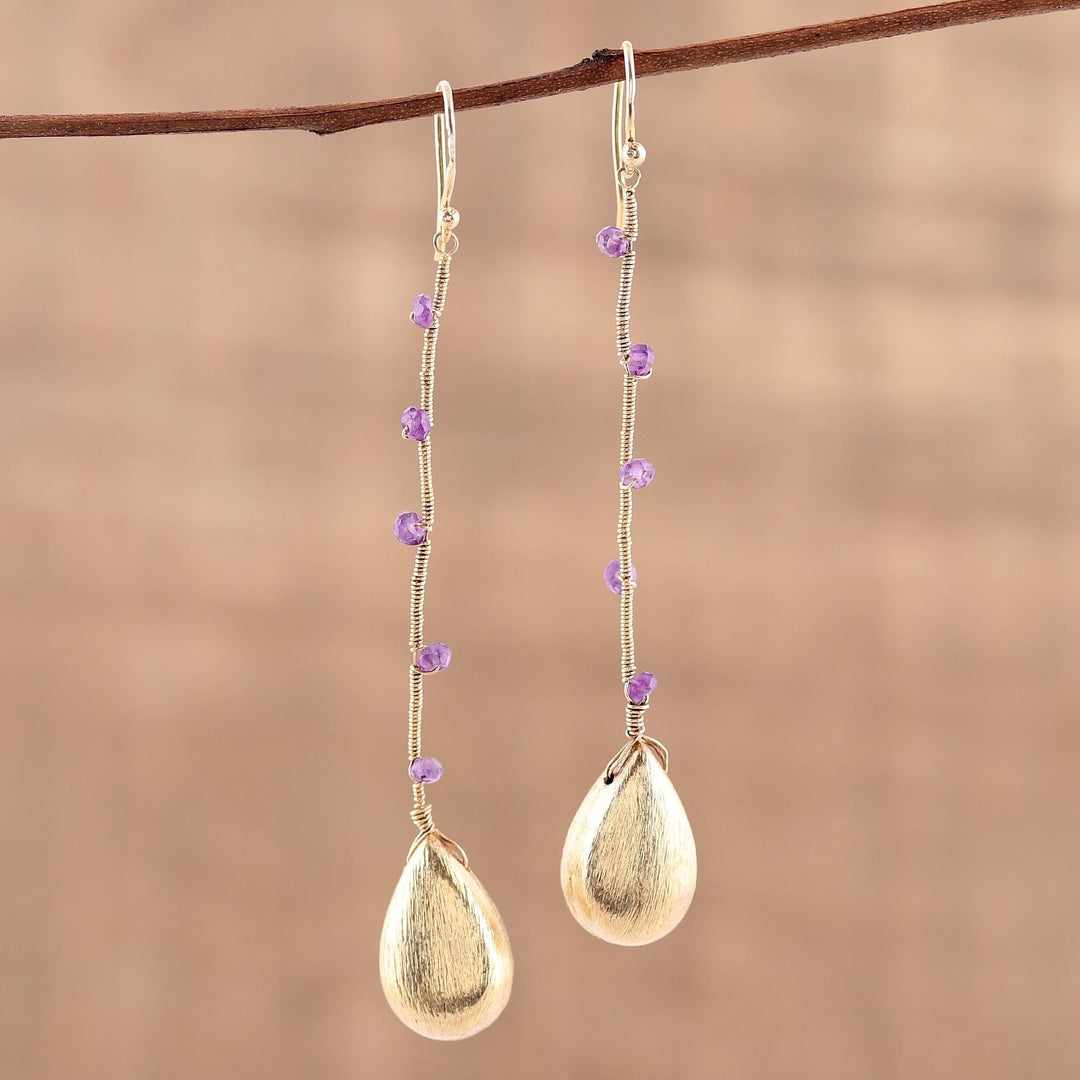 Handmade 22k Gold Plated Sterling Silver Amethyst Earrings - Falling Drops