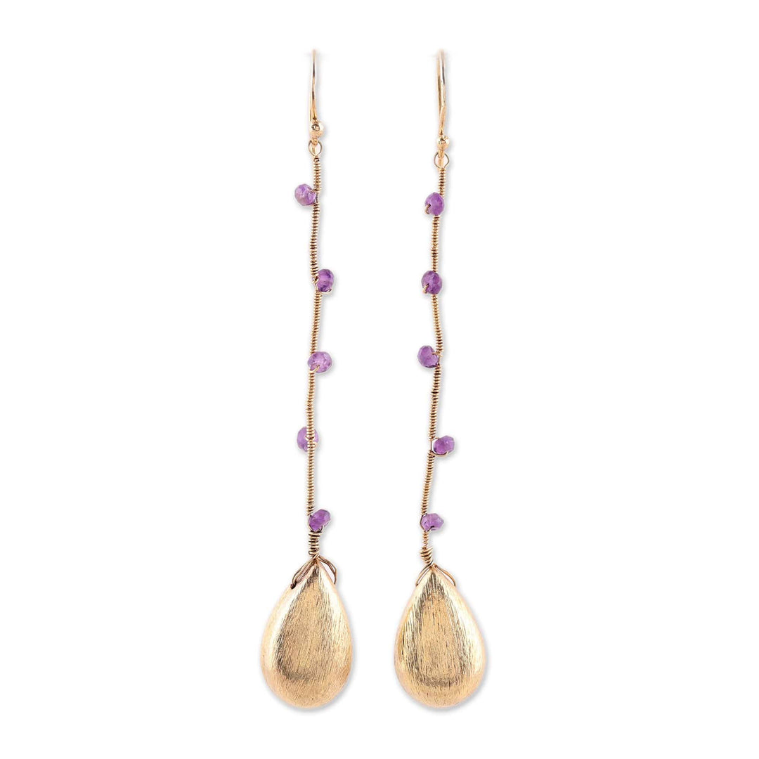 Handmade 22k Gold Plated Sterling Silver Amethyst Earrings - Falling Drops