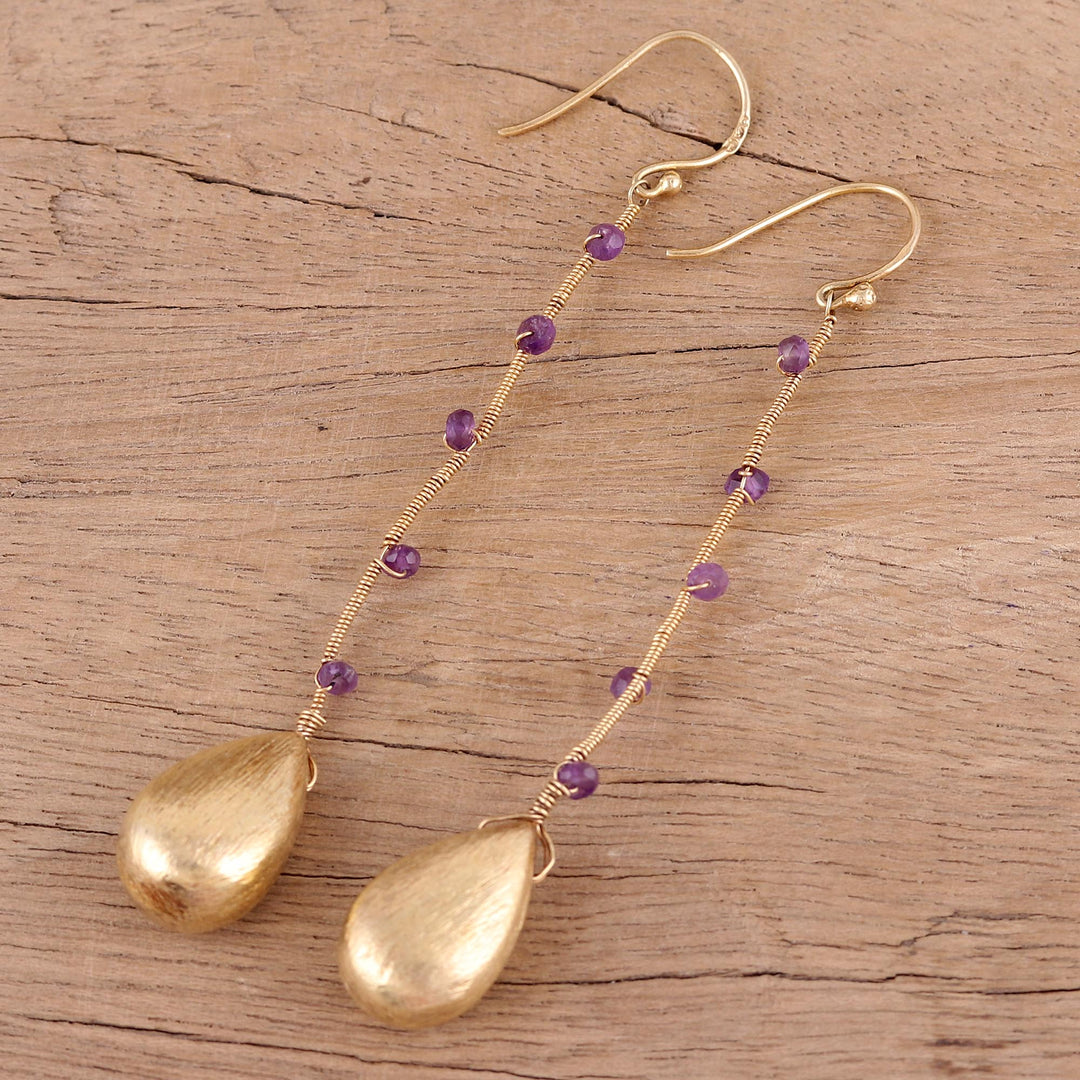 Handmade 22k Gold Plated Sterling Silver Amethyst Earrings - Falling Drops