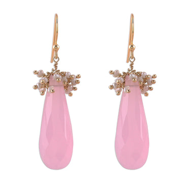 Handmade 22k Gold Plated Rose Quartz Cultured Pearl Earrings - Devoted Rose