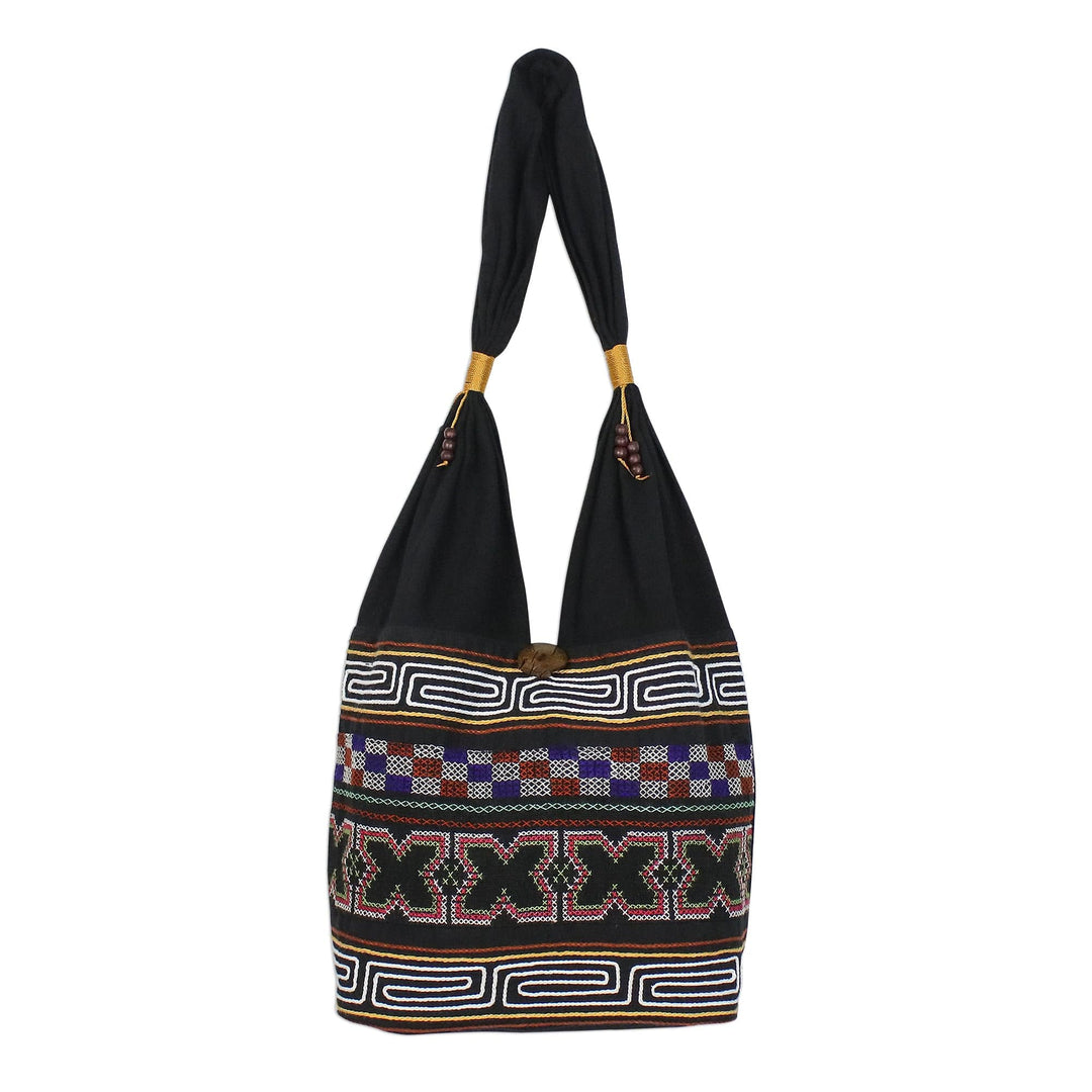 X-Motif Cotton Blend Shoulder Bag from Thailand - Beautiful Hillside