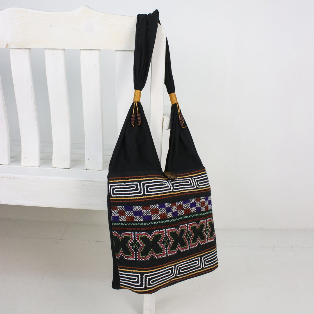 X-Motif Cotton Blend Shoulder Bag from Thailand - Beautiful Hillside