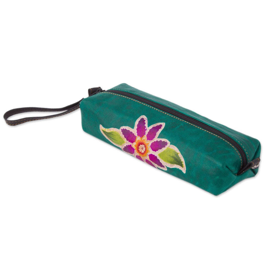 Green Leather Makeup Case with Hand Painted Flower - Cusco Flower