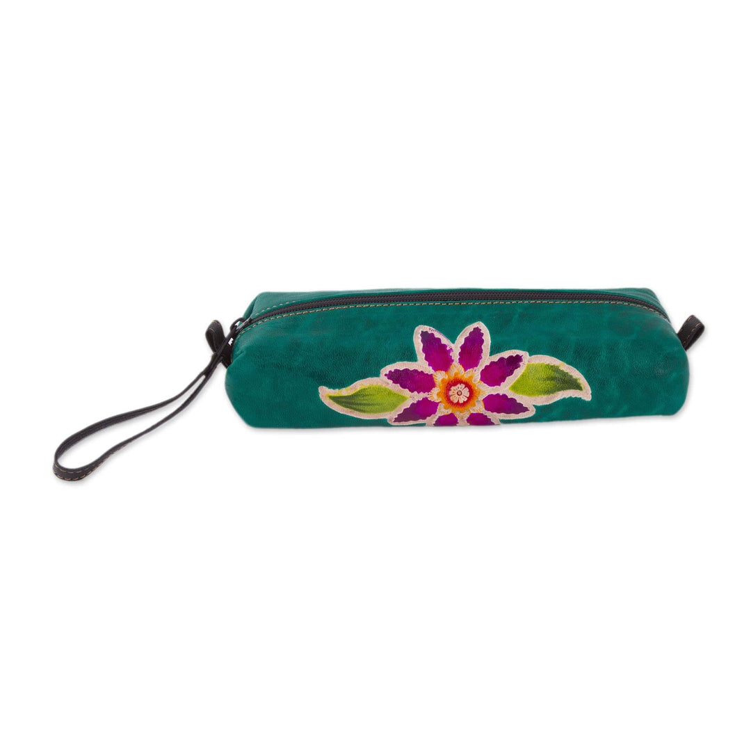 Green Leather Makeup Case with Hand Painted Flower - Cusco Flower