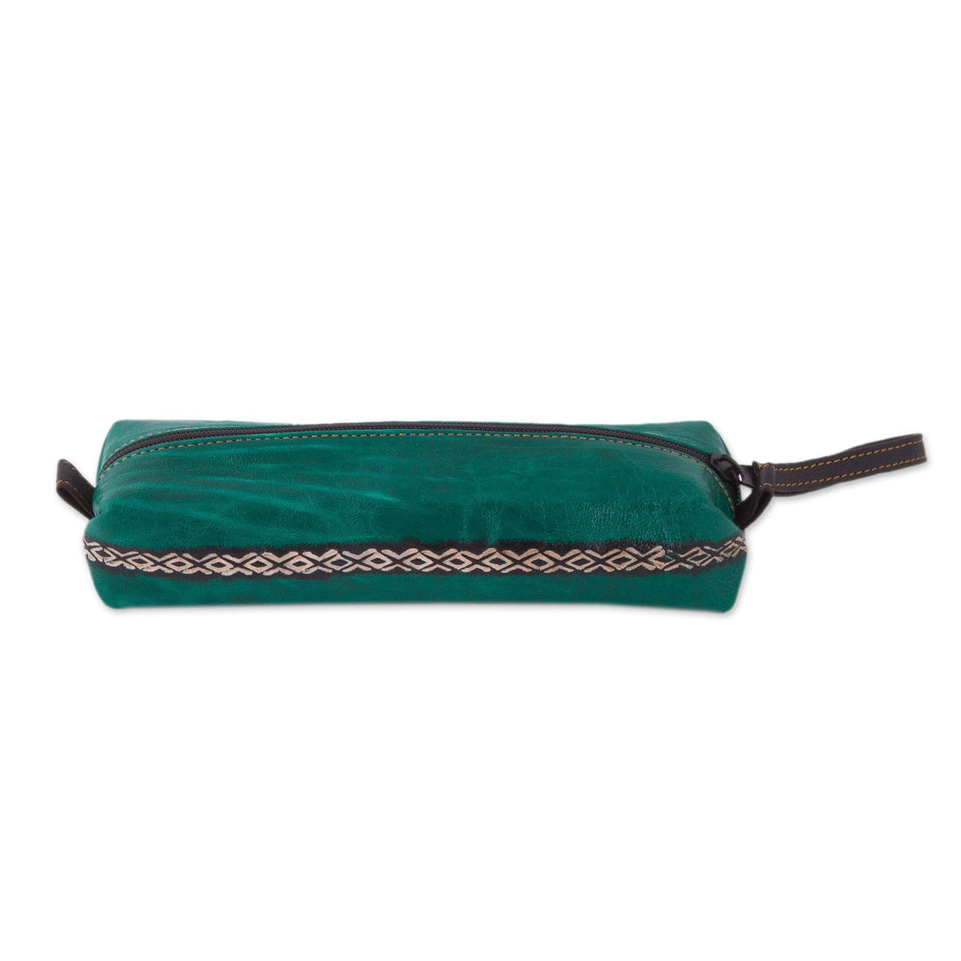 Green Leather Makeup Case with Hand Painted Flower - Cusco Flower