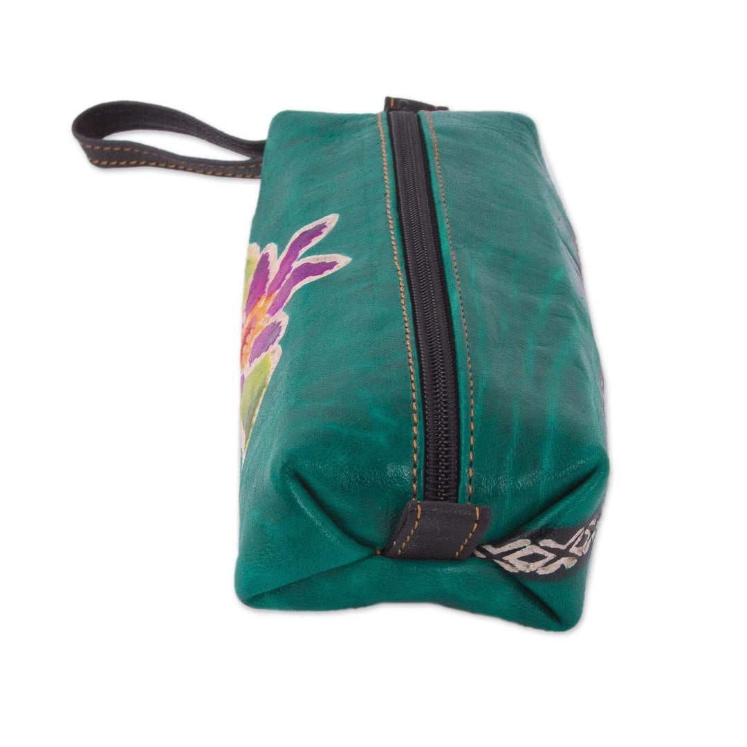 Green Leather Makeup Case with Hand Painted Flower - Cusco Flower