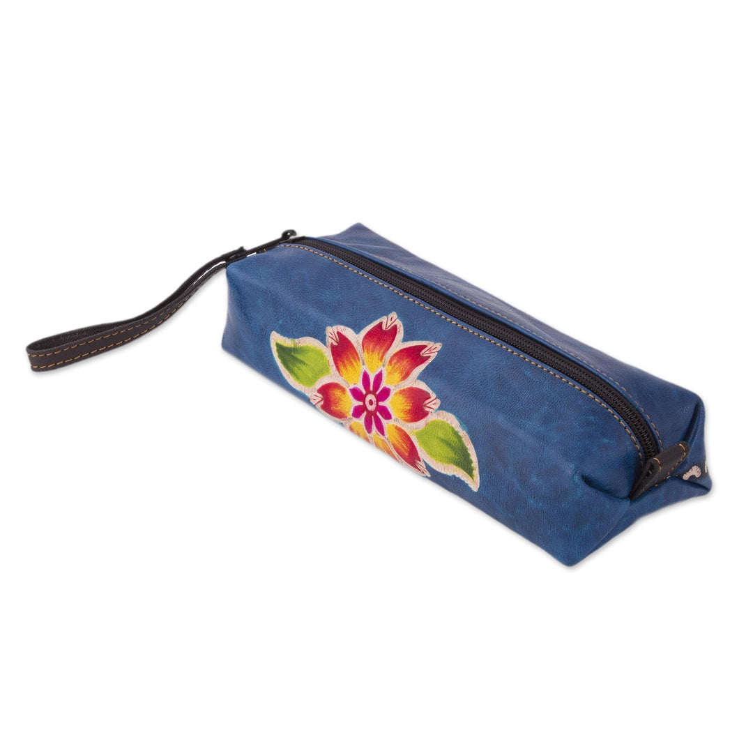 Blue Leather Makeup Case with Hand Painted Flower - Cusco Sky