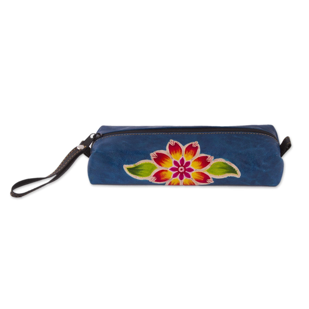 Blue Leather Makeup Case with Hand Painted Flower - Cusco Sky