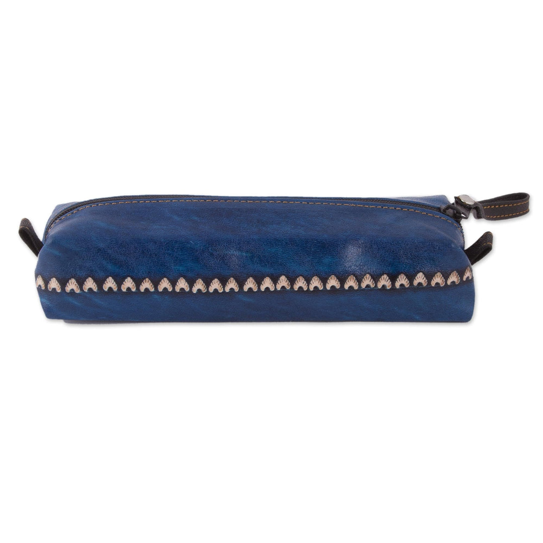 Blue Leather Makeup Case with Hand Painted Flower - Cusco Sky