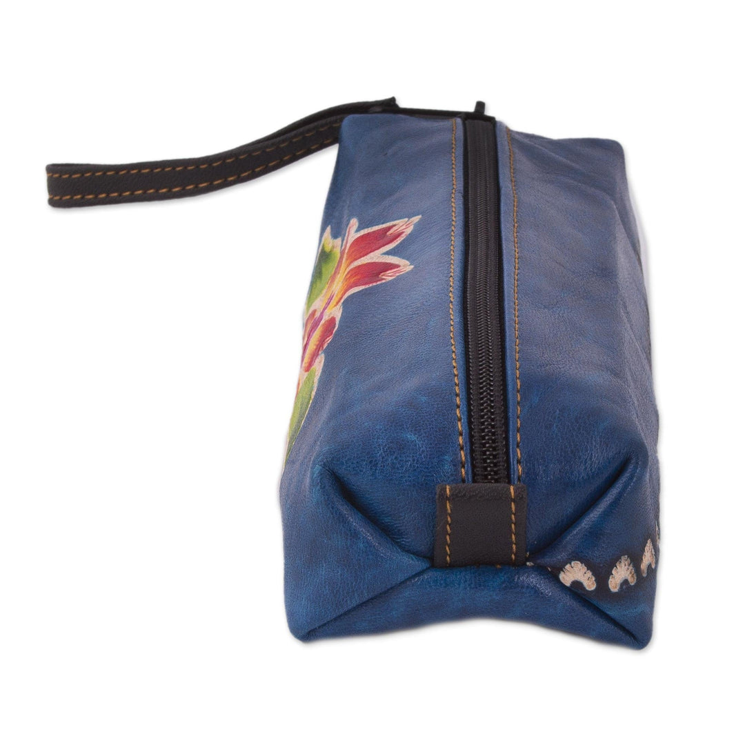 Blue Leather Makeup Case with Hand Painted Flower - Cusco Sky