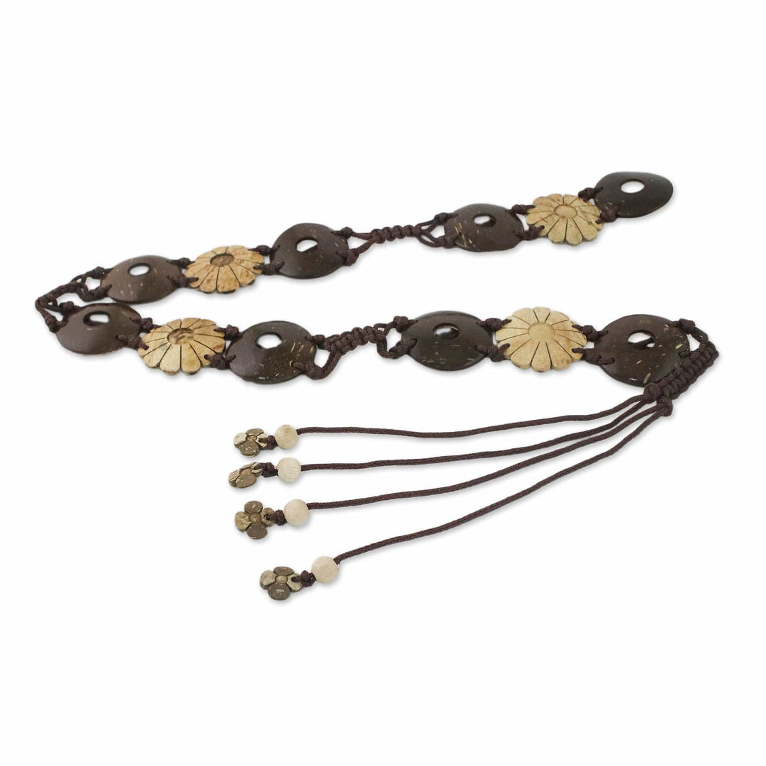 Flowers and Circles Coconut Shell and Nylon Cord Tie Belt - Nature Lover