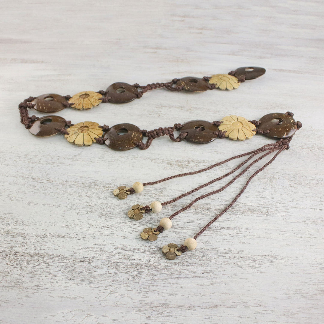 Flowers and Circles Coconut Shell and Nylon Cord Tie Belt - Nature Lover