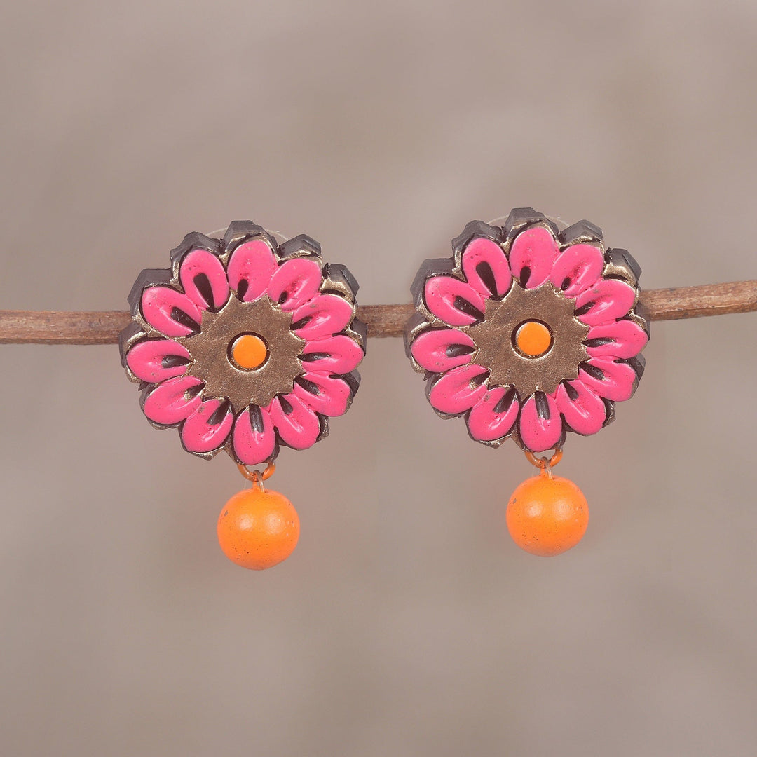 Hand-Painted Pink and Orange Floral Ceramic Dangle Earrings - Sunset Beauty