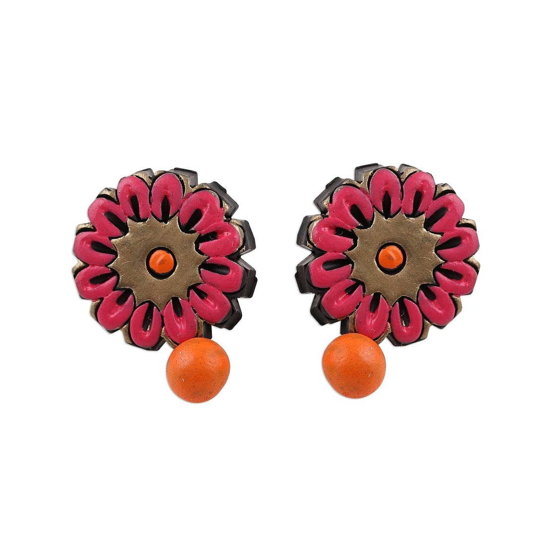 Hand-Painted Pink and Orange Floral Ceramic Dangle Earrings - Sunset Beauty