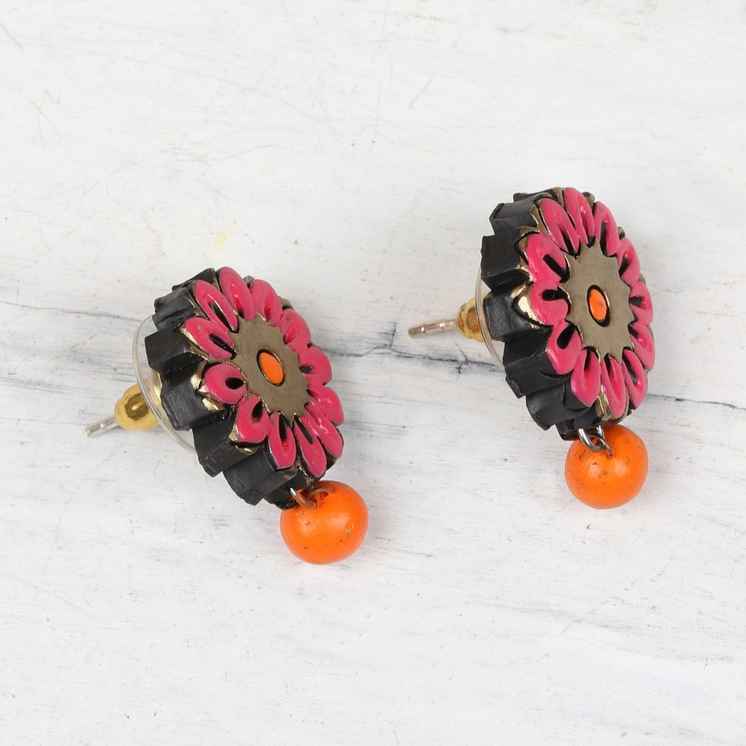 Hand-Painted Pink and Orange Floral Ceramic Dangle Earrings - Sunset Beauty