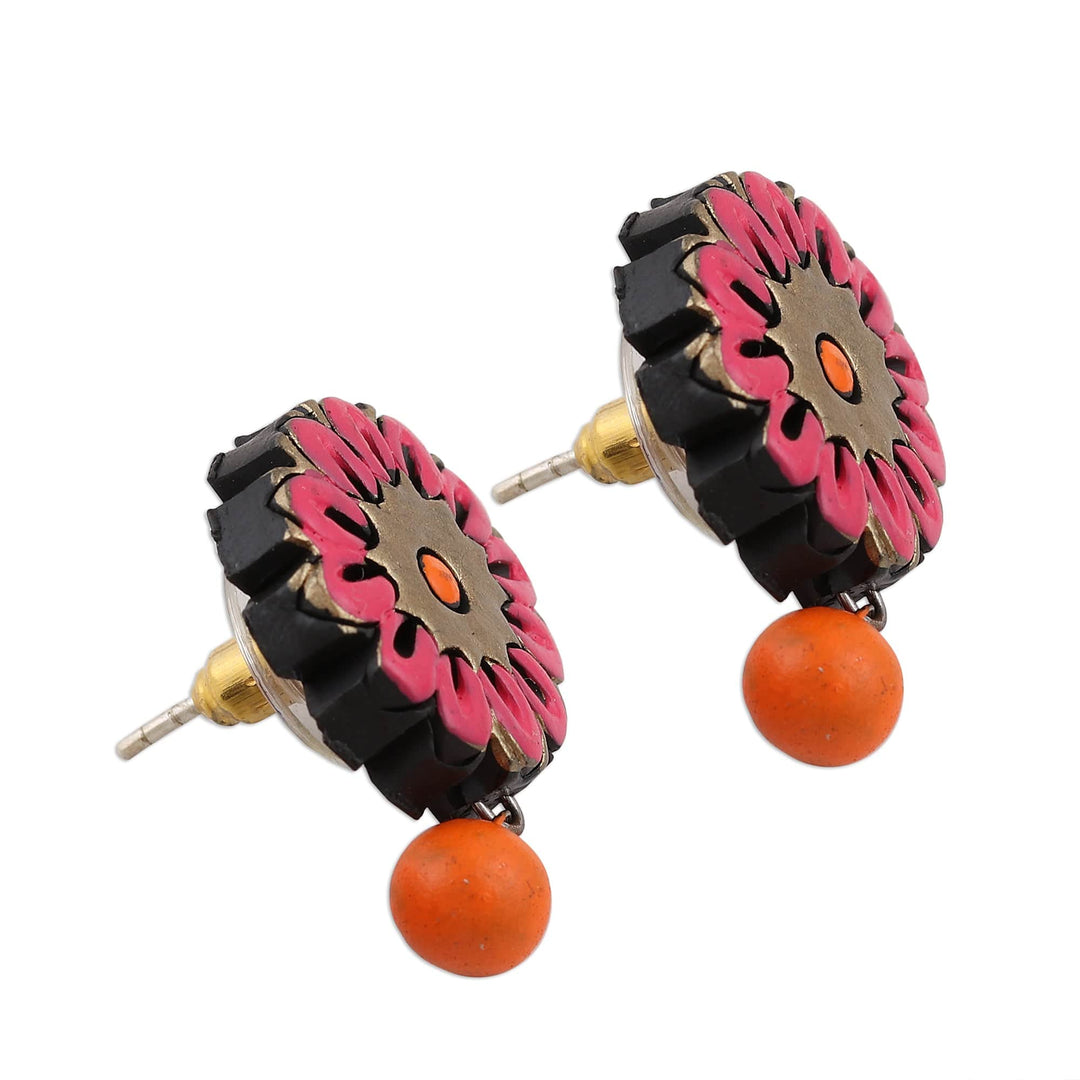 Hand-Painted Pink and Orange Floral Ceramic Dangle Earrings - Sunset Beauty