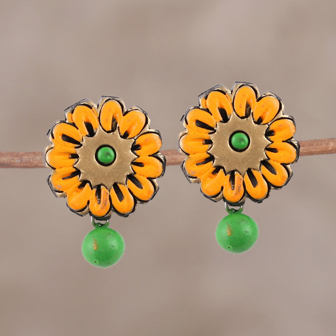 Hand-Painted Green and Orange Floral Ceramic Dangle Earrings - Sunrise Beauty
