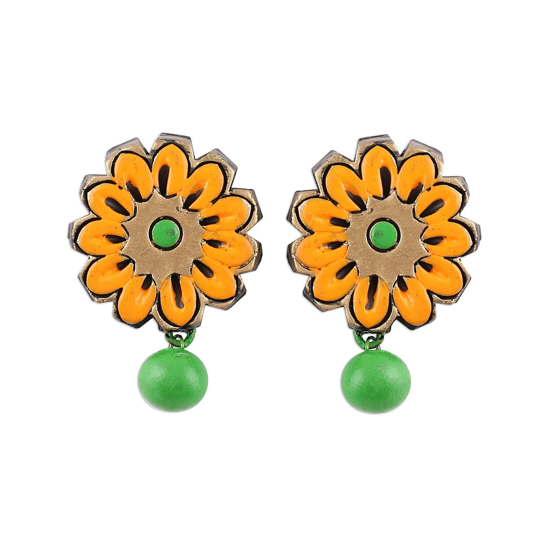 Hand-Painted Green and Orange Floral Ceramic Dangle Earrings - Sunrise Beauty