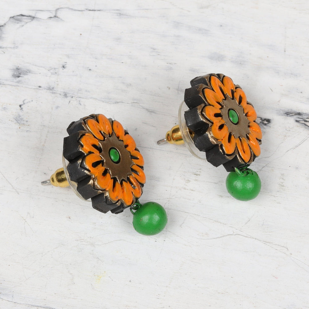 Hand-Painted Green and Orange Floral Ceramic Dangle Earrings - Sunrise Beauty