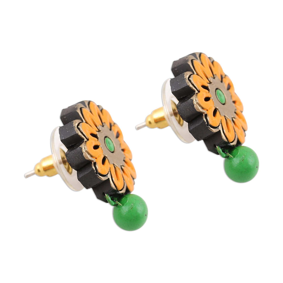 Hand-painted Green And Orange Floral Ceramic Dangle Earrings - Sunrise 