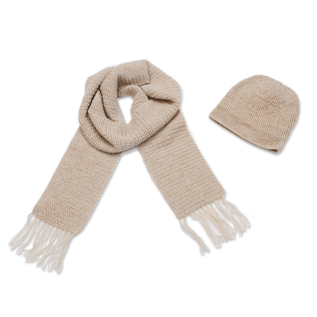 Crocheted Alpaca Blend Hat and Scarf in Champagne from Peru - Royal Champagne