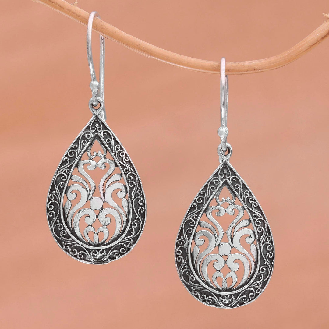 Sterling Silver Balinese Tendrils Tear Drop Dangle Earrings - Silver Drop