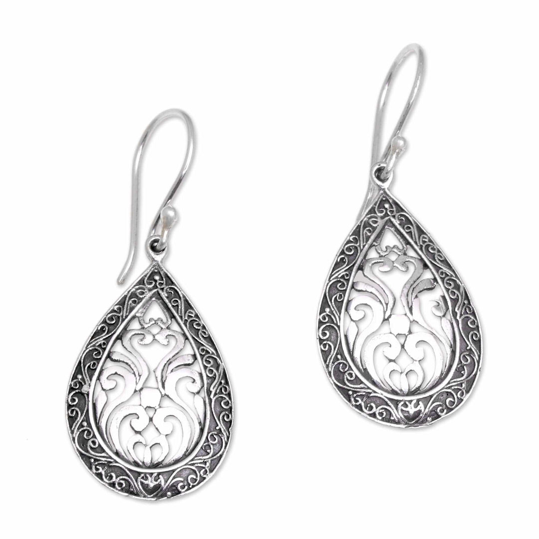 Sterling Silver Balinese Tendrils Tear Drop Dangle Earrings - Silver Drop