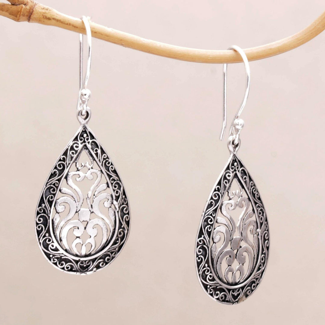 Sterling Silver Balinese Tendrils Tear Drop Dangle Earrings - Silver Drop