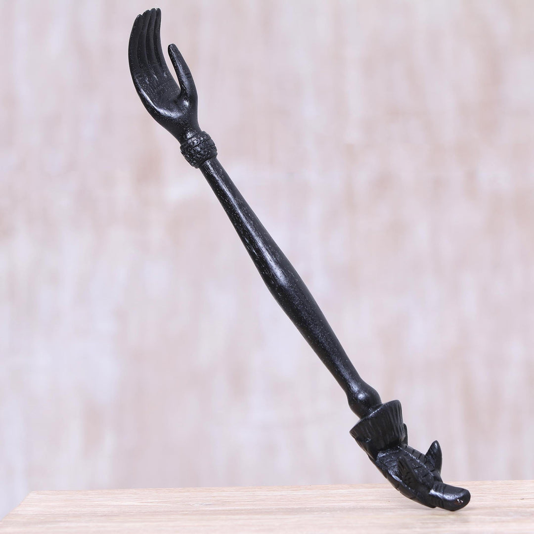 Black Turtle Themed Wood Back Scratcher Hand Carved in Bali - Turtle Relief in Black