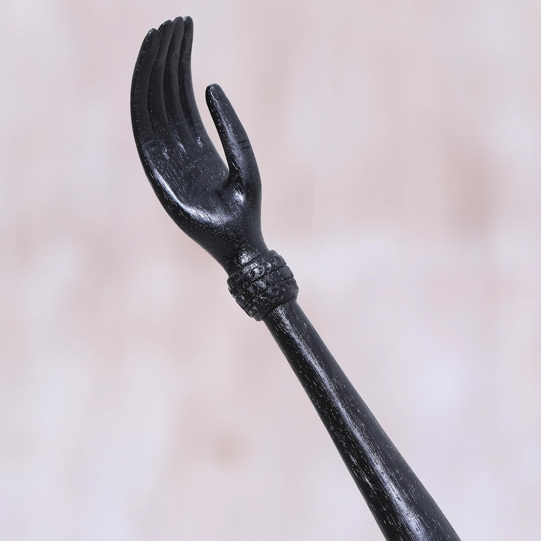 Black Turtle Themed Wood Back Scratcher Hand Carved in Bali - Turtle Relief in Black