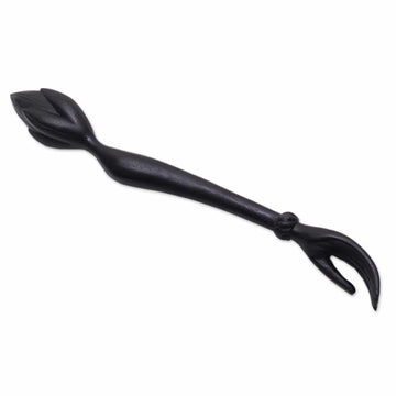 Black Lotus Flower Wood Hand Back Scratcher from Bali - Lotus Ease in Black