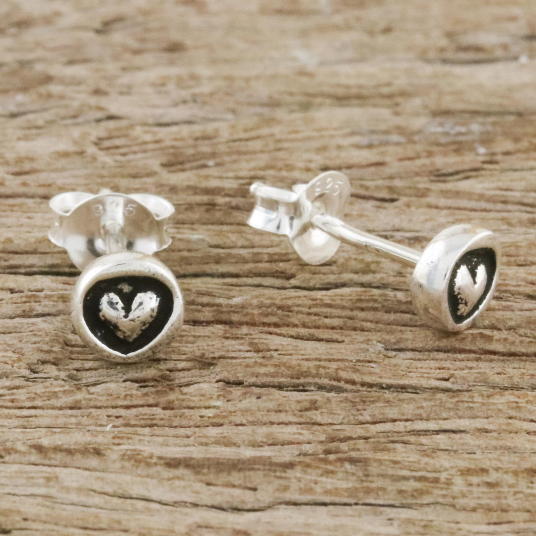 Sterling Silver Circle Frame Petite Heart Stud Earrings - Little Heart
