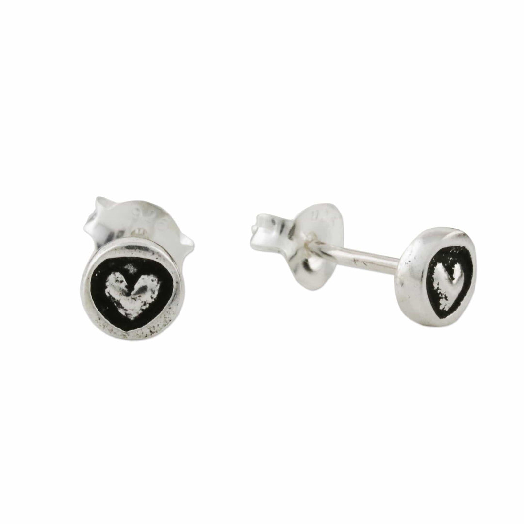 Sterling Silver Circle Frame Petite Heart Stud Earrings - Little Heart