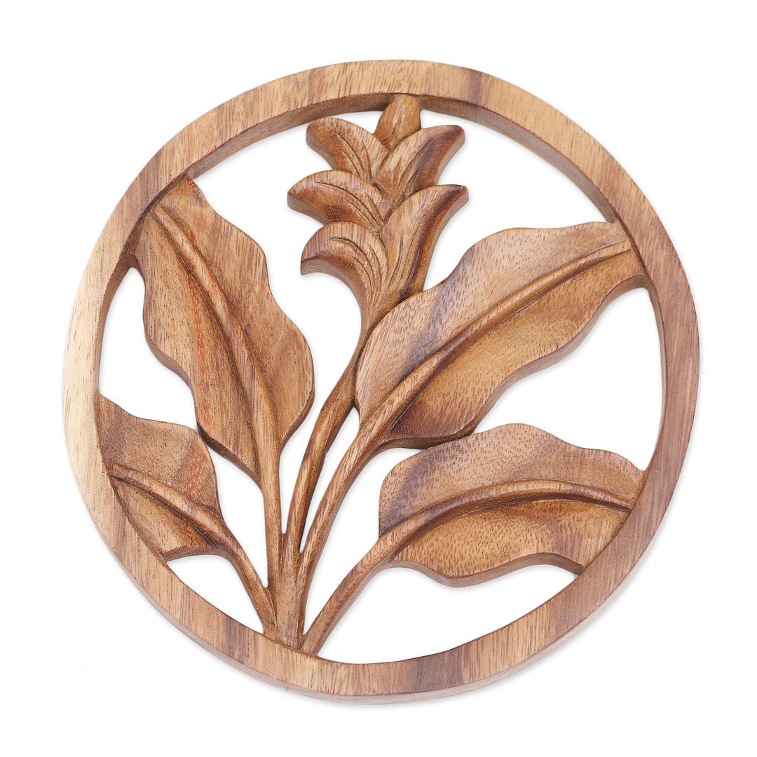 Balinese Crafted Floral Plant Suar Wood Wall Relief Panel - Flourish