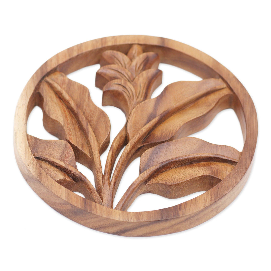 Balinese Crafted Floral Plant Suar Wood Wall Relief Panel - Flourish