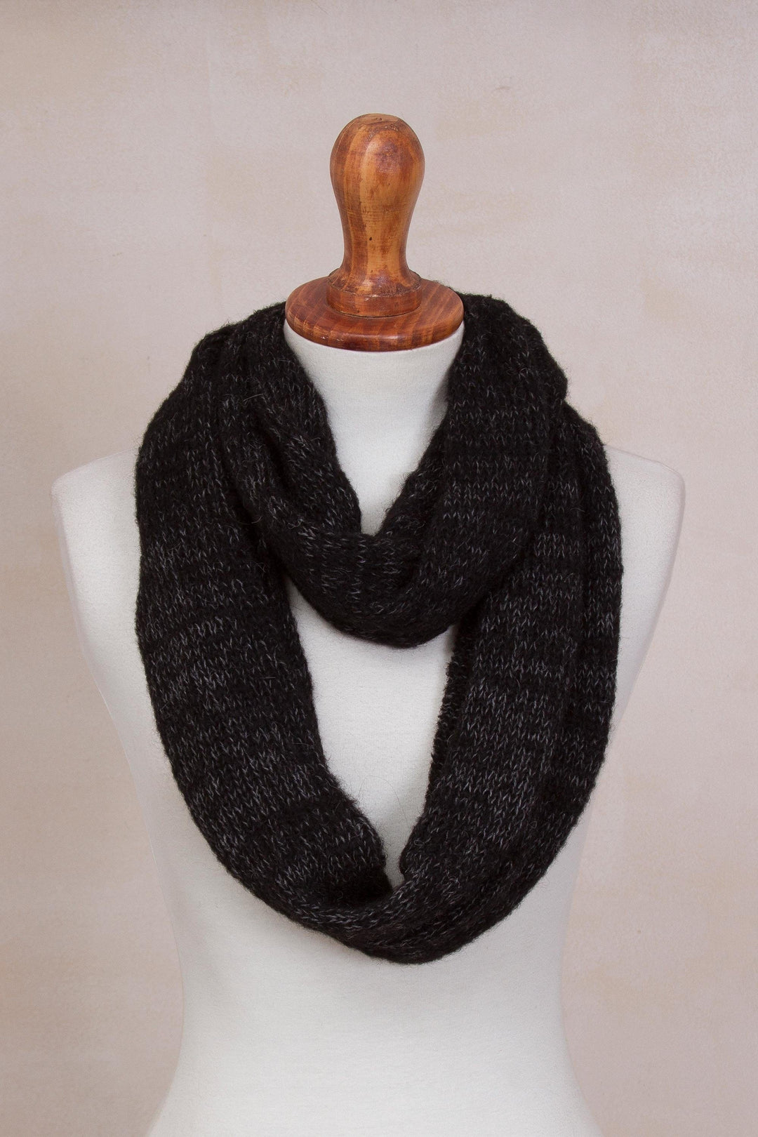 Black and Grey Alpaca Blend Infinity Scarf from Peru - Night Mountains