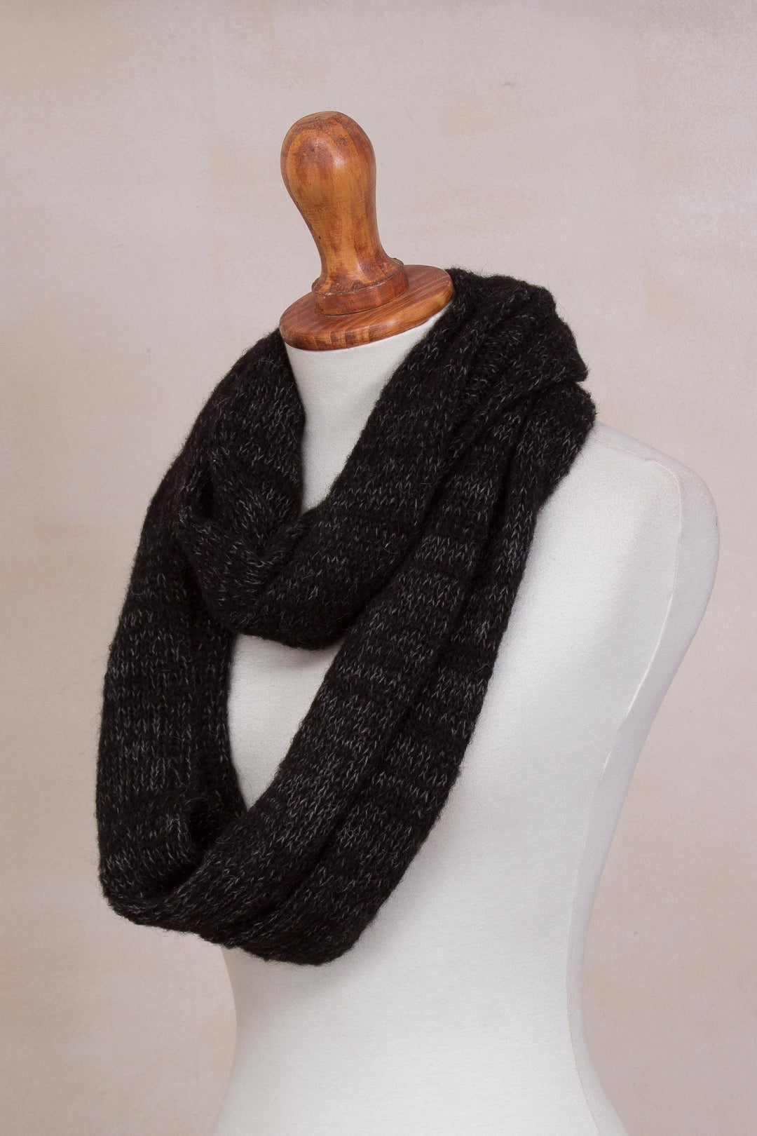 Black and Grey Alpaca Blend Infinity Scarf from Peru - Night Mountains