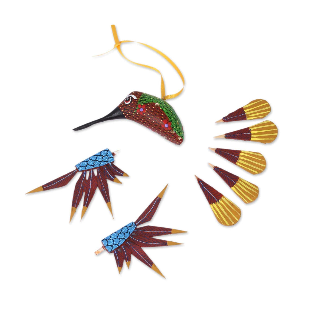 Copal Wood Red Multicolor Alebrije Hummingbird Ornament - Fanciful Flutter in Red