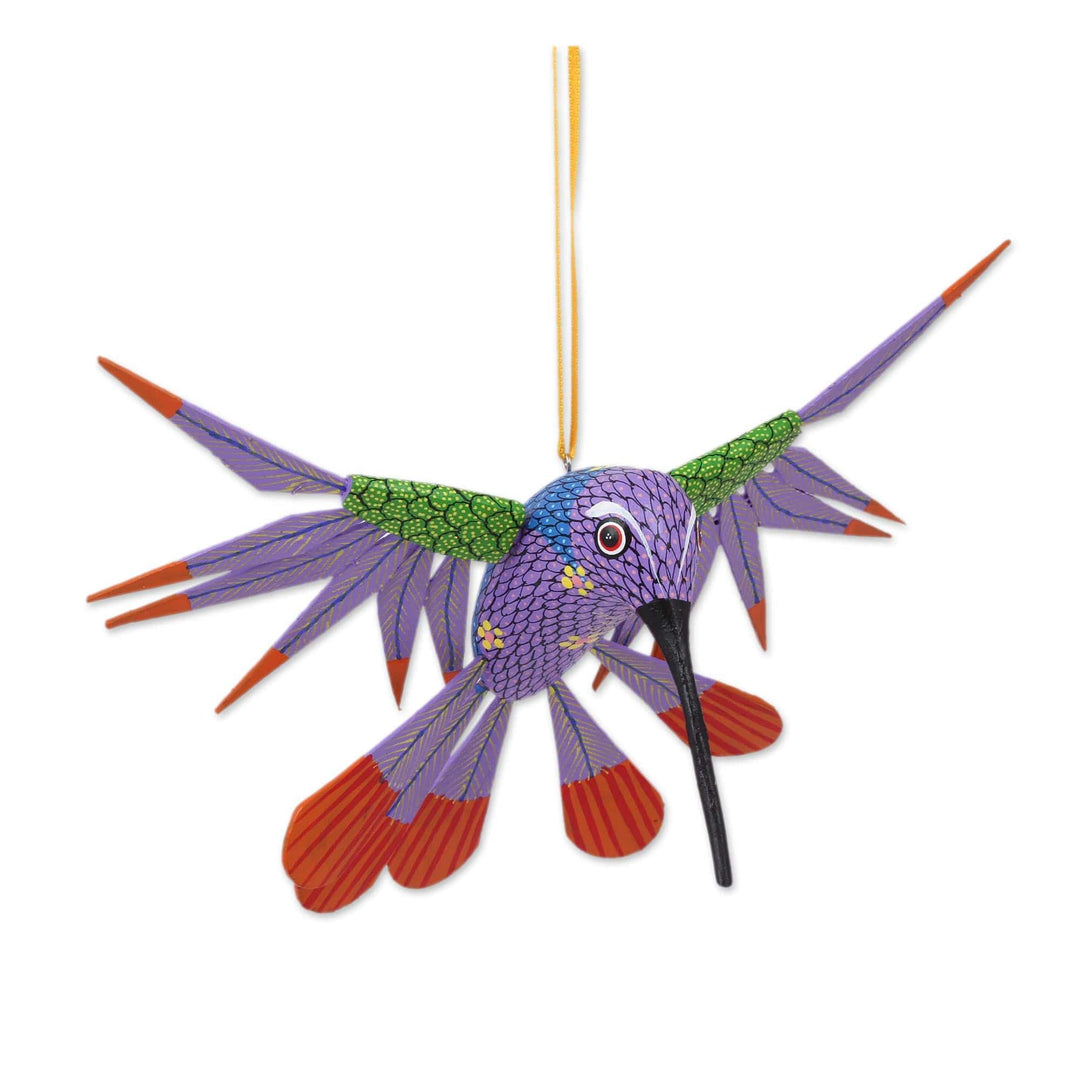 Copal Wood Purple Colorful Alebrije Hummingbird Ornament - Fanciful Flutter in Purple