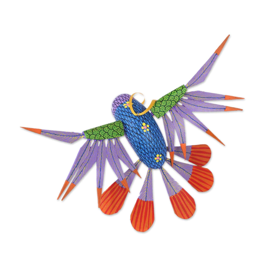 Copal Wood Purple Colorful Alebrije Hummingbird Ornament - Fanciful Flutter in Purple