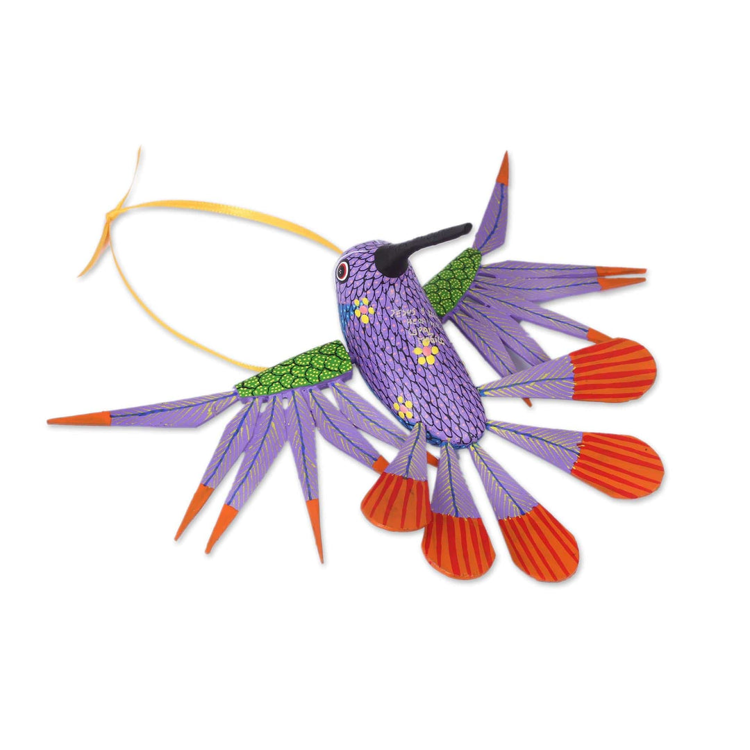Copal Wood Purple Colorful Alebrije Hummingbird Ornament - Fanciful Flutter in Purple