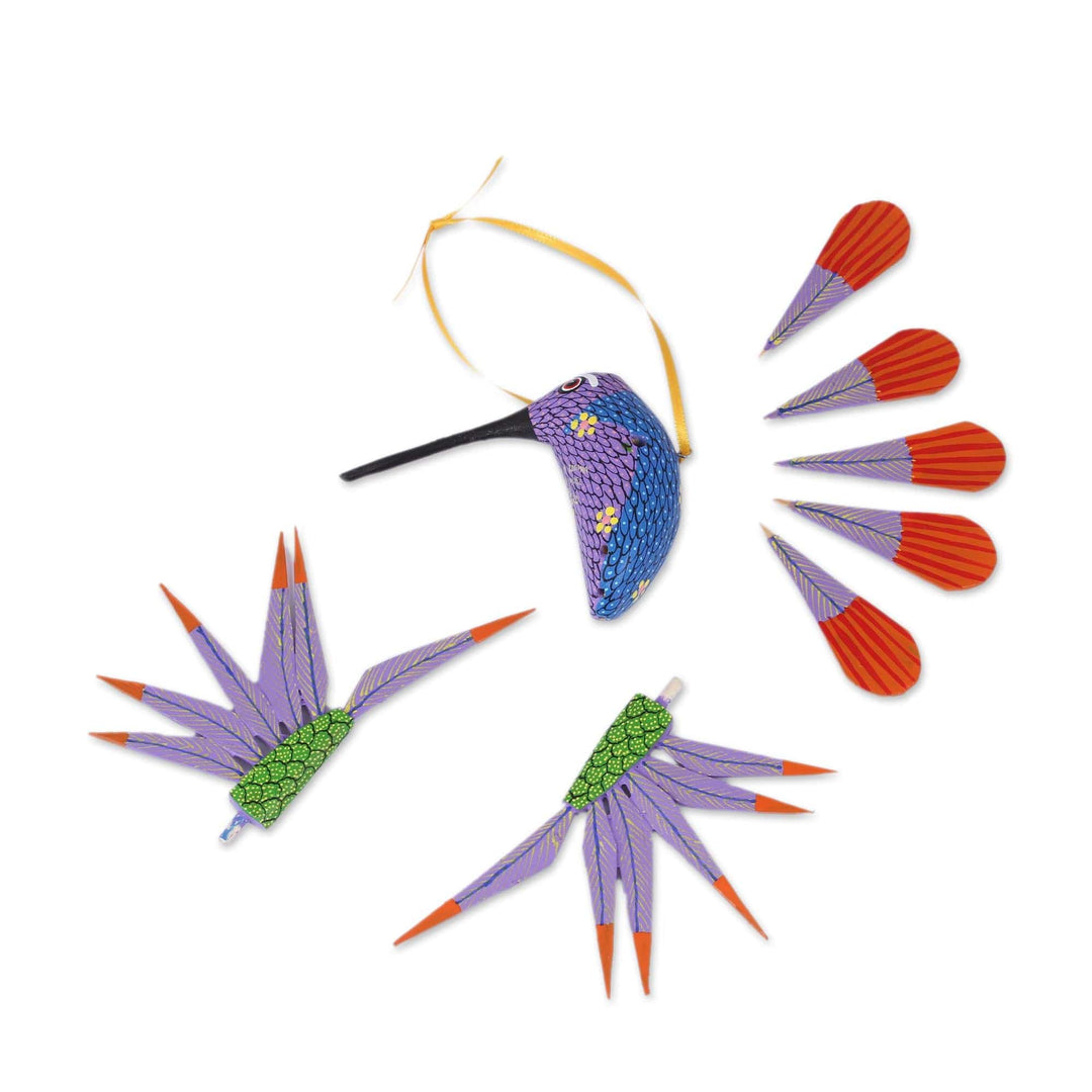 Copal Wood Purple Colorful Alebrije Hummingbird Ornament - Fanciful Flutter in Purple