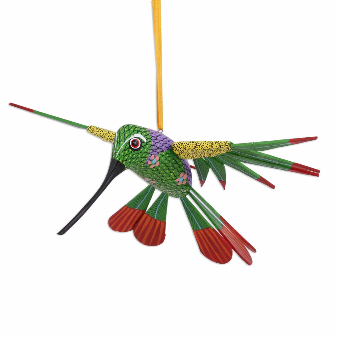 Wood Alebrije Hummingbird Ornament from Mexico - Natural Flight