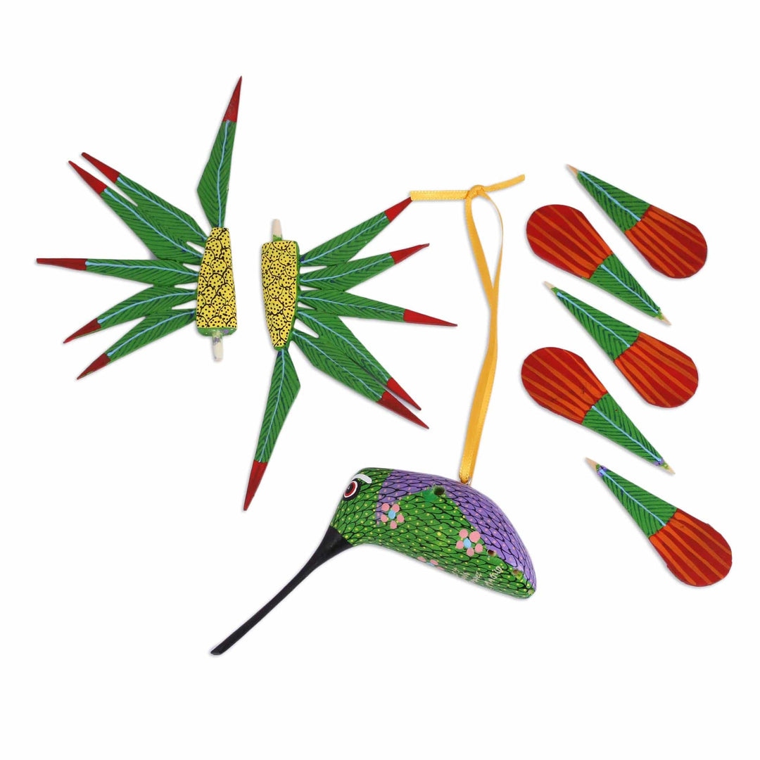 Wood Alebrije Hummingbird Ornament from Mexico - Natural Flight