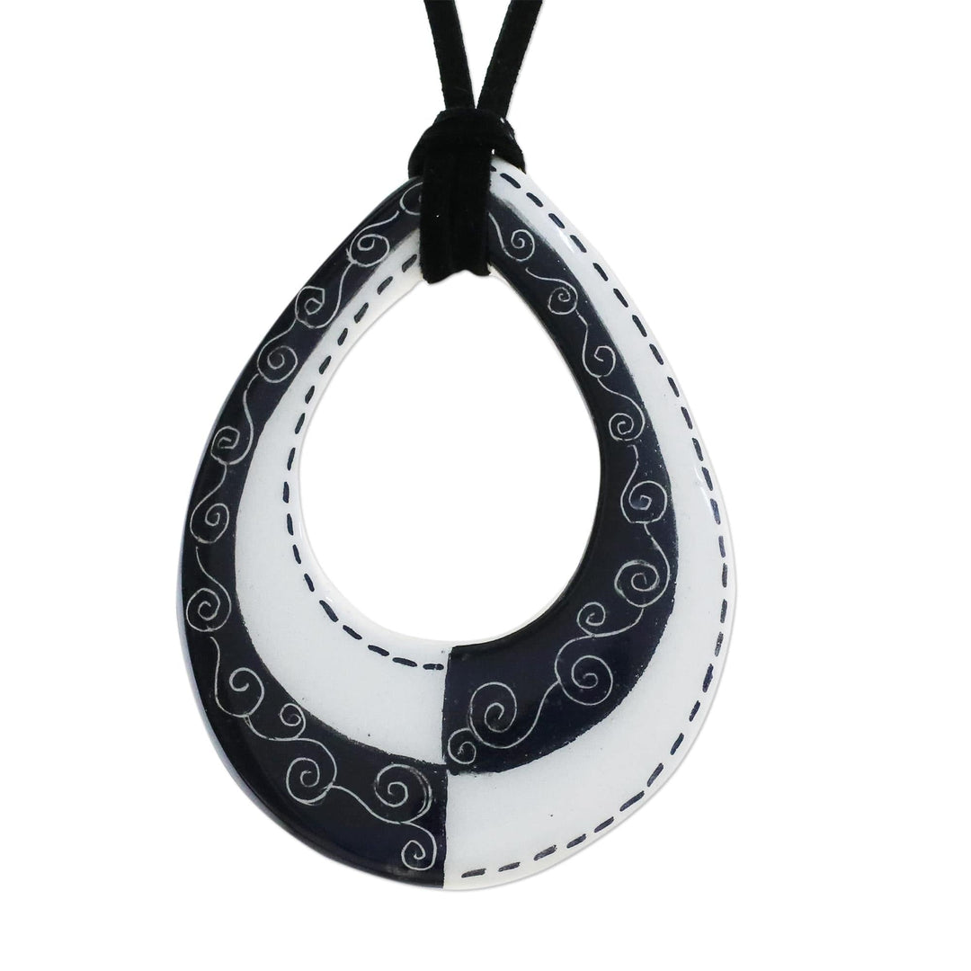 Adjustable Black and White Ceramic Teardrop Pendant Necklace - Monochrome Magic