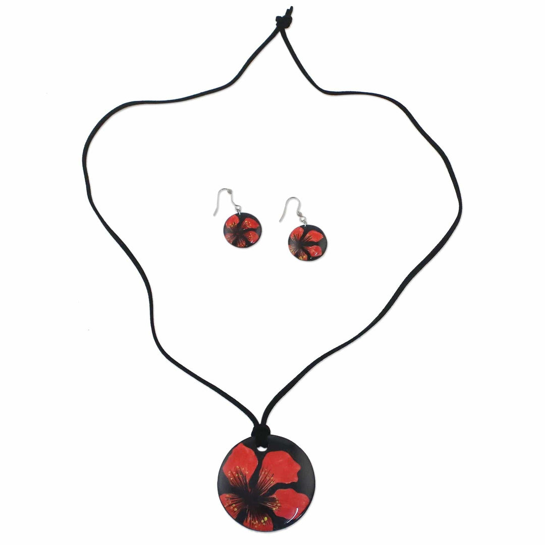 Handmade Red Floral Ceramic Necklace and Earring Set - Floral Melody