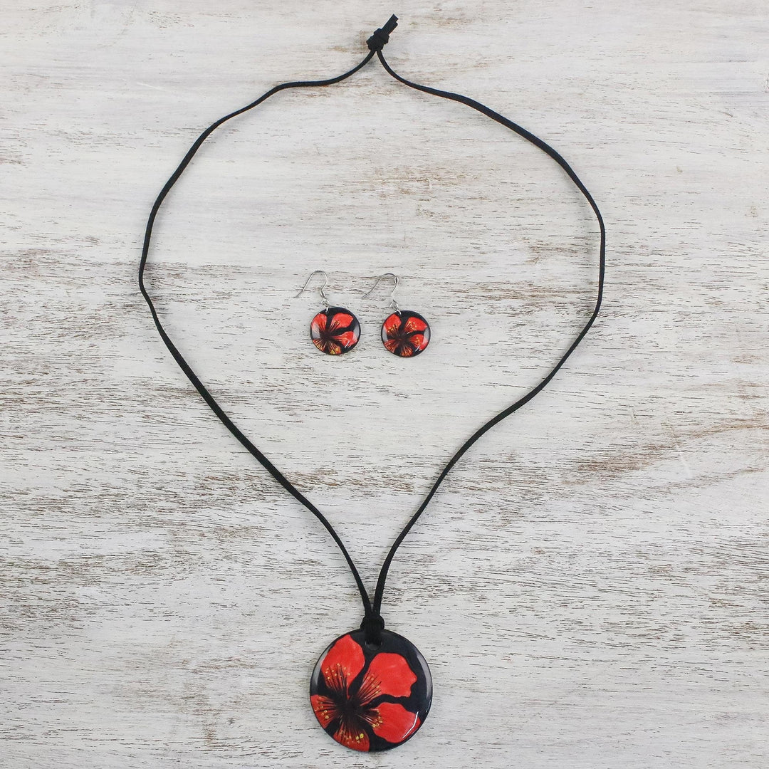 Handmade Red Floral Ceramic Necklace and Earring Set - Floral Melody