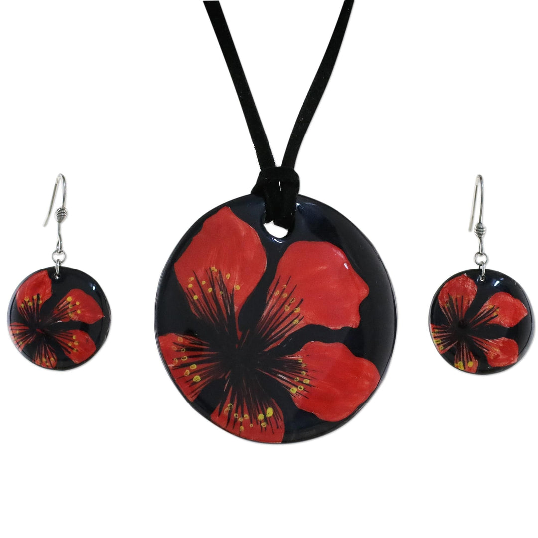 Handmade Red Floral Ceramic Necklace and Earring Set - Floral Melody